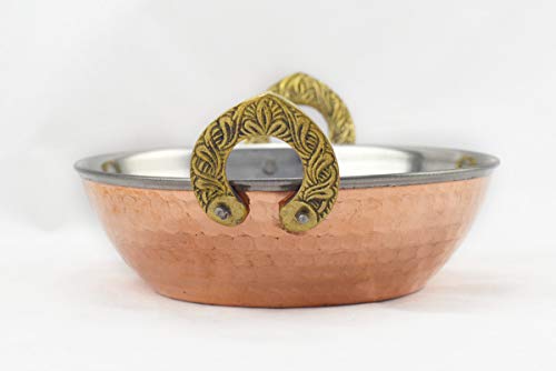 Hostelnovo - Schüssel mit Griffen für Indien - Bowl Karahi - Kupfer gehämmert aus Edelstahl - Griffe mit Hufeisenform in Miniatur - Indisches Geschirr - 15 x 5,5 cm von Hostelnovo