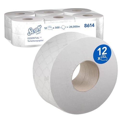 Scott Essential Jumbo Toilettenpapierrollen 8614 – 2-lagiges Toilettenpapier – 12 Rollen mit je 500 weißen Blättern (2.400 m) von Scott