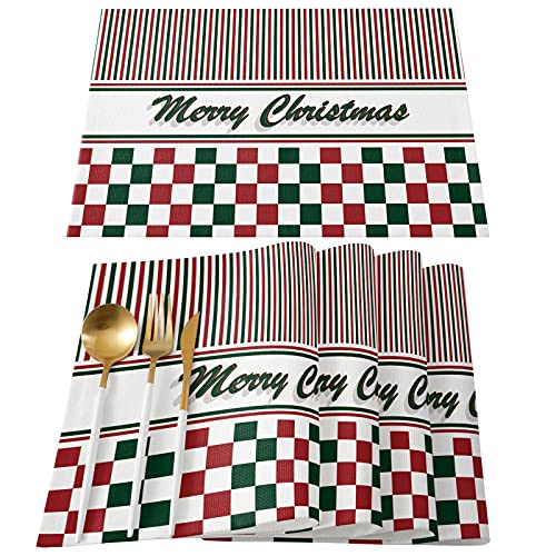 Kitchen Placemats Linen Burlap Non-Skid Washable Table Mats for Men/Women/Kids, Set of 4 Heat Proof No Fade Placemats for Tabletop Decor Merry Christmas Classic Latex and Stripes Pattern von Hostline
