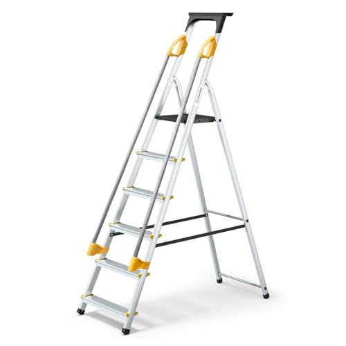 Trittleiter, 6 Stufen, sicher, mit Rampen, Werkzeugablage, klappbar, Aluminium, Plattformhöhe 119 cm, 5 Jahre Garantie Hoström von Hoström