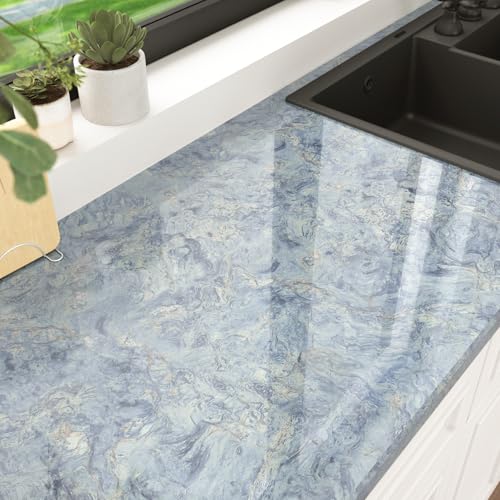 HotDecor Klebefolie Möbel Abwaschbare Tapete Blau Marmor Folie Selbstklebend Wand Tapeten Folie Arbeitsplatte Küche Klebefolie Marmor Blau für Schränke Tisch Küchenfolie Selbstklebend 40cm X 200cm von HotDecor