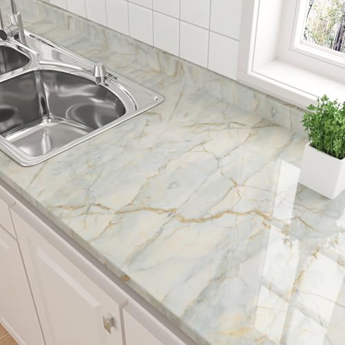 HotDecor Klebefolie Möbel Marmor Tapete Selbstklebend 60cm X 300cm Abwaschbare Möbelfolie Marmor Gelbgrün Küchenfolie Selbstklebend für Küchenschränke Marmor Folie Arbeitsplatte Küche Wand Tapeten von HotDecor