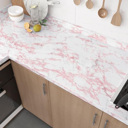 HotDecor Klebefolie Möbel Marmor Tapete Weiß Rosa für Wand Küchenfolie Selbstklebend Folie Arbeitsplatte Küche Tapeten Wohnzimmer Abwaschbare Möbelfolie Marmor Schrank Folie Selbstklebend 60cm X 300cm von HotDecor