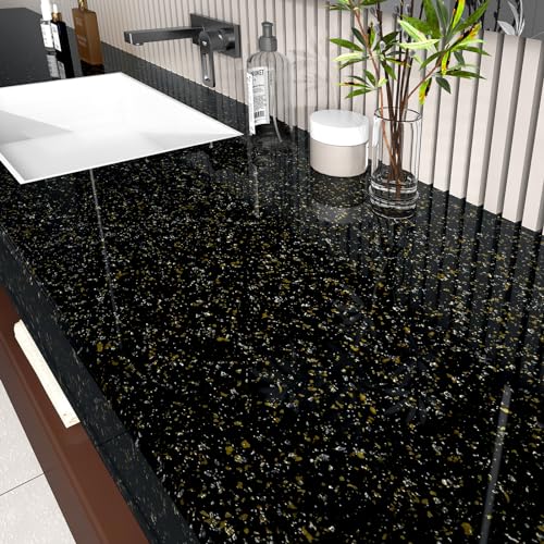 HotDecor Schwarze Marmor Folie Möbelfolie Selbstklebend Tapete Schwarz Gold Folie für Arbeitsplatte Küche Schränke Tapete Badezimmer Wasserfest Küchenfolie Selbstklebend Klebefolie Küche 60cm X 300cm von HotDecor