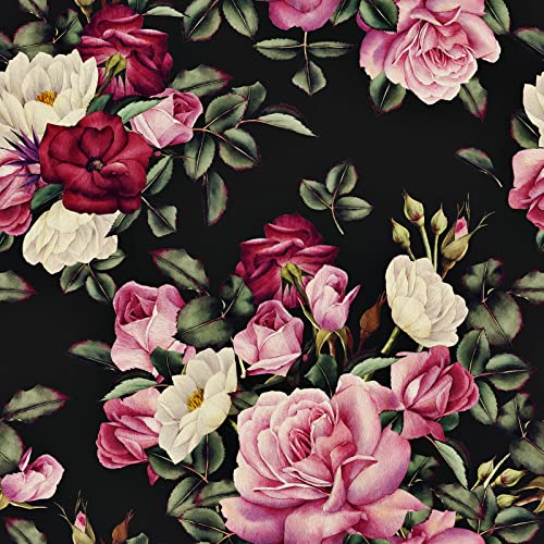 Selbstklebende Tapete Blumen Klebefolie Muster für Möbel Küchenschrank 60CM x 300CM Floral Wandtapete Selbstklebend Rosa/Rot/Schwarze Möbelfolie Muster Tapeten Wohnzimmer Adezimmer Wasserfest Türfolie von HotDecor