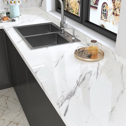 HotDecor Weiße Klebefolie Marmoroptik Selbstklebende Tapete Weiß Küchenfolie Möbelfolie Selbstklebend Küchentapeten Weiße Marmor Folie Arbeitsplatte Küche Abwaschbare Marmor Tapete für Wand 40 X 200cm von HotDecor