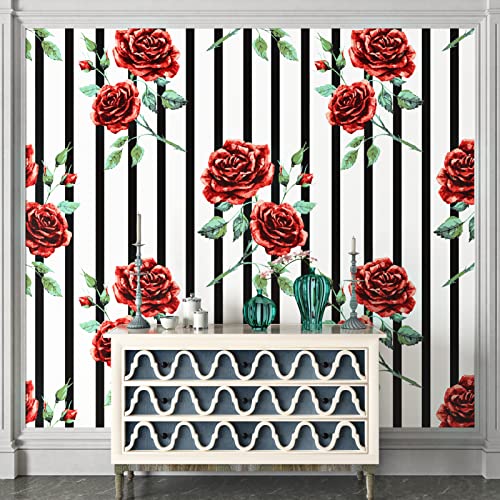 Rosen Selbstklebende Tapete Schwarz Weiß Klebefolie Möbel Gestreift Tapete Blumen Wohnzimmer Deko Möbelfolie Muster 60 X 300CM PVC Folie für Möbel Schränke Arbeitsplatte Wandtapete Selbstklebend von HotDecor