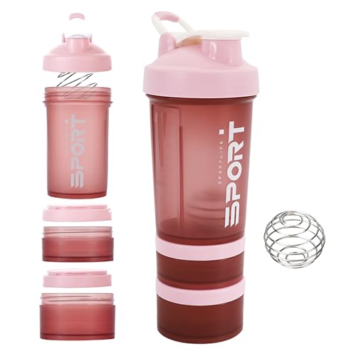 Shaker Proteinshake Becher Gym Flasche - 600 ml 3 Teiliges Rosa Protein Shaker mit kugel und Pulverfach Auslaufsicher Eiweiss Protein Pulver Bottle - Gym Sport Flasche Frauen Fitness Trinkflasche von Hotbird