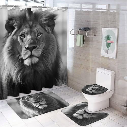4 Stück Duschvorhang Badezimmer Sets Afrikanischer Löwe Schwarz und Weiß Badematte mit Duschvorhang und Anti-Rutsch-Teppich Toilettendeckelbezug und Badematten Wasserdicht Duschvorhang mit 12 Haken 4 Stück Duschvorhang Badezimmer Sets Afrikanischer Löwe Schwarz und Weiß Badematte mit Duschvorhang und Anti-Rutsch-Teppich Toilettendeckelbezug und Badematten Wasserdicht Duschvorhang mit 12 Haken von HotcoS