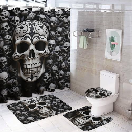4 Stück Duschvorhang Badezimmer Sets Schwarz und Weiß Totenköpfe Badematte mit Duschvorhang und Anti-Rutsch-Teppich Toilettendeckelbezug und Badematten Wasserdicht Duschvorhang mit 12 Haken 4 Stück Duschvorhang Badezimmer Sets Schwarz und Weiß Totenköpfe Badematte mit Duschvorhang und Anti-Rutsch-Teppich Toilettendeckelbezug und Badematten Wasserdicht Duschvorhang mit 12 Haken von HotcoS