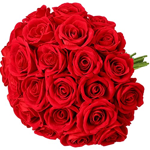 Hoteam 60 Stück riesige Samtrosen, künstliche Blumen, schwere Samt-Rosen, künstliche Rosen, Blumenstrauß mit Langen Stielen für Hochzeit, Party, Büro, Tafelaufsatz, Arrangement (rot) von Hoteam