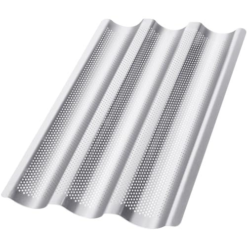 Hotec Baguette Backform für 3 Baguettes mit Antihaftbeschichtung-Ideal als Baguetteform, Brot Backen Zubehör, Baguette-Backblech(38 x 24,5 cm) Edelstahl von Hotec