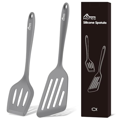 Hotec Pfannenwender-Set, Hitzebeständiger Silikon Geschlitzt Pfannenwender Spatel BPA Frei, Spülmaschinengeeignet Küchenhelfer Kochgeschirr Turner Antihaft Spachtel zum Kochen, 2 Stück,Grau von Hotec