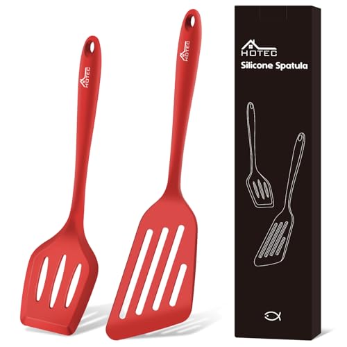 Hotec Pfannenwender-Set, Hitzebeständiger Silikon Geschlitzt Pfannenwender Spatel BPA Frei, Spülmaschinengeeignet Küchenhelfer Kochgeschirr Turner Antihaft Spachtel zum Kochen, Backen, Flip, 2 Stück,R von Hotec