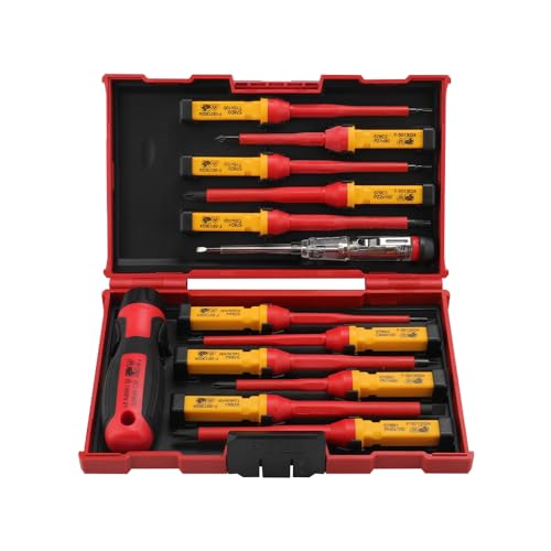 Hoteche VDE Schraubendreher Set 13-teilig - Isolierte Schraubenzieher für Elektriker - SL, PH, PZ, T - 1PCS VDE Elektroprüfer - Rot/Schwarz Kunststoffbox von Hoteche