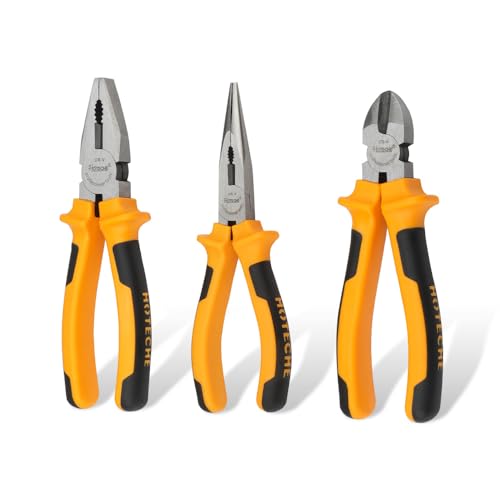 Hoteche Zangenset mit 3-teiligem Set - 160mm Kombizange, 180mm Seitenschneider, 160mm Spitzzange - gelber und schwarzer ergonomischer Griff - hochwertiges Handwerkzeug-Set von Hoteche