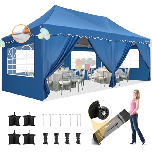 HOTEEL Pavillon 3x6 Wasserdicht Stabil mit 6 Abnehmbaren SeitenwäNden, Wellensaumdach Partyzelt 3x6 mit Radtasche und 4 SandsäCken, Faltpavillon Sonnenschirm füR Hochzeit Markt(Blau) von Hoteel
