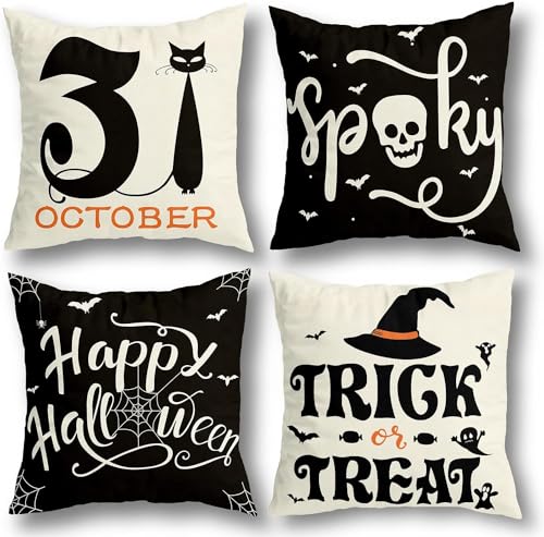 Hoterlet Halloween Deko 45x45 Kissenbezug Innen Dekoration Kissenbezüge Set Mitgebsel Geschenke Decoration Kissen Zierkissen Halloweendeko Hexen Zierkissenbezüge Kissenhüllen Kissenhülle Decor 4pcs von Hoterlet