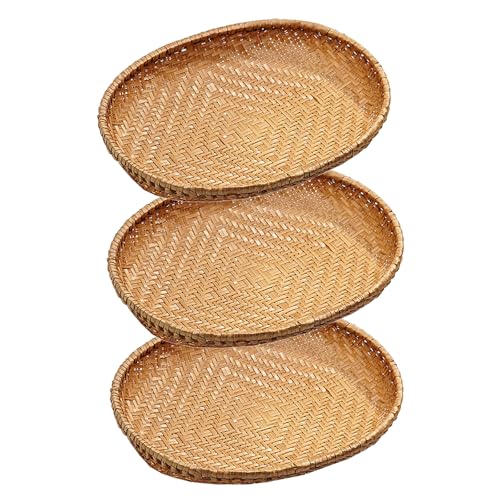 Hotfiary 1/3/5 Stück Bambus gewebt Korb Tablett, handgemachte ovalen Brotkorb zum Servieren, flache Weide Obst Korb Gemüse Snacks servieren Korb stapelbar, dekorative rustikale Tablett für die Küche von Hotfiary