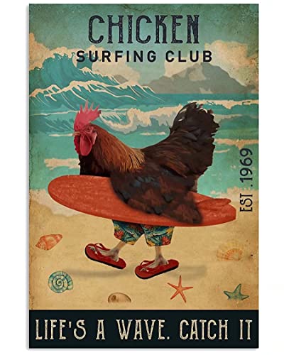 Lustiges Metallschild mit Aufschrift "Chickens Surfing Club Life's A Wave Catch It", Vintage-Stil, Motiv: Surfing Chickens, Retro-Kunst-Blechschild, Surf-Liebhaber, Heimdekoration, Vintage-Schild für Lustiges Metallschild mit Aufschrift "Chickens Surfing Club Life's A Wave Catch It", Vintage-Stil, Motiv: Surfing Chickens, Retro-Kunst-Blechschild, Surf-Liebhaber, Heimdekoration, Vintage-Schild für von Hothostl