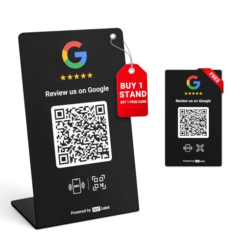 Google Review Stand 1-Pack + Bonus Google Review Tap Card 1-Pack - Schwarz - NFC Tap & QR Code - Unterstützt 2 verschiedene Geschäfte oder Gleiche - Alle Handys kompatibel - Boosten Sie Google Reviews von Hotlabel
