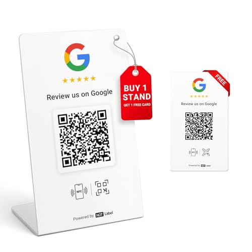 Google Review Stand 1-Pack + Bonus Google Review Tap Card 1-Pack - Weiß - NFC Tap & QR Code - Unterstützt 2 verschiedene Geschäfte oder gleich - Alle Handys kompatibel - Boosten Sie Google Reviews von Hotlabel
