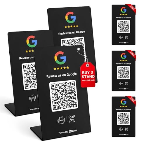 Google Review Stand 3-Pack + Bonus Google Review Tap Card 3-Pack - Schwarz - NFC Tap & QR Code - Unterstützt 6 verschiedene Geschäfte oder Gleiche - Alle Handys kompatibel - Boosten Sie Google Reviews von Hotlabel
