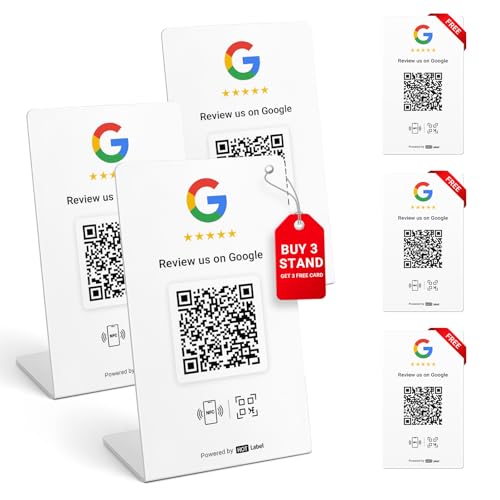 Google Review Stand 3-Pack + Bonus Google Review Tap Card 3-Pack - Weiß - NFC Tap & QR Code - Unterstützt 6 verschiedene Geschäfte oder Gleiche - Alle Handys kompatibel - Boosten Sie Google Reviews von Hotlabel