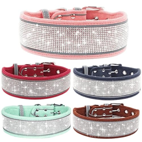 Bling Strass Hundehalsband, Weiches, Bequemes Hundehalsband mit Reflektierendem Streifen Diamant Kristall Verstellbar für Kleine Mittlere Große Hunde Rosa(Strass) L von Hotlion