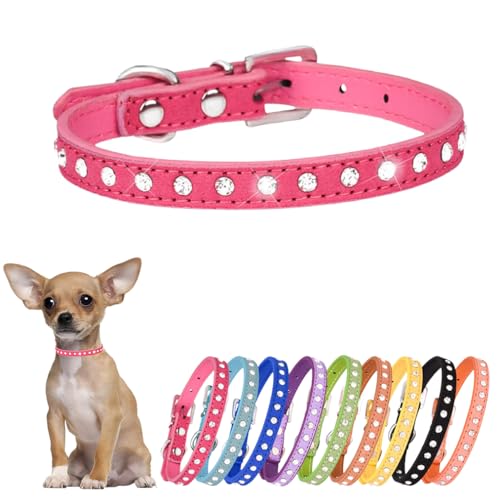 Hotlion Strass Hundehalsband Niedlich Kristall Diamant Katzenhalsband Weiches Leder Kätzchen Welpen Halsbänder Verstellbar für Kleine Mittlere Hunde Rose XXS von Hotlion