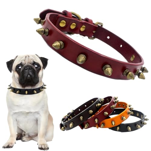 Hundehalsband, Nackenband, Leder, Welpenhalsband, niedliches Halsband, Punk-Nieten, langlebig, mit Schnalle, verstellbar für kleine, mittelgroße und große Hunde, rot (Spiked), M von Hotlion