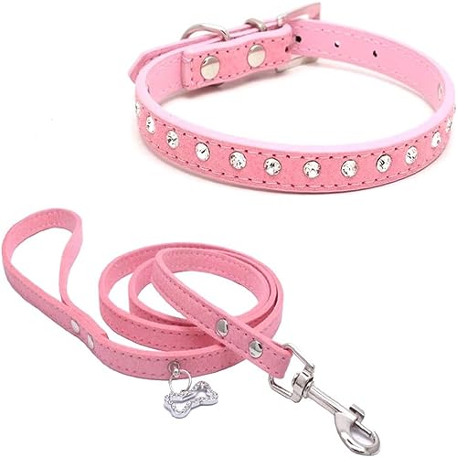 Hundehalsband und Leine, Set mit Strasssteinen, niedliches Kristalldiamant-Katzenhalsband, weiches Leder, verstellbar, für kleine und mittelgroße Hunde, Rosa, Größe XS von Hotlion