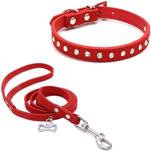 Hundehalsband und Leine, Set mit Strasssteinen, niedliches Kristalldiamant-Katzenhalsband, weiches Leder, verstellbar, für kleine und mittelgroße Hunde, Rot, Größe XS von Hotlion