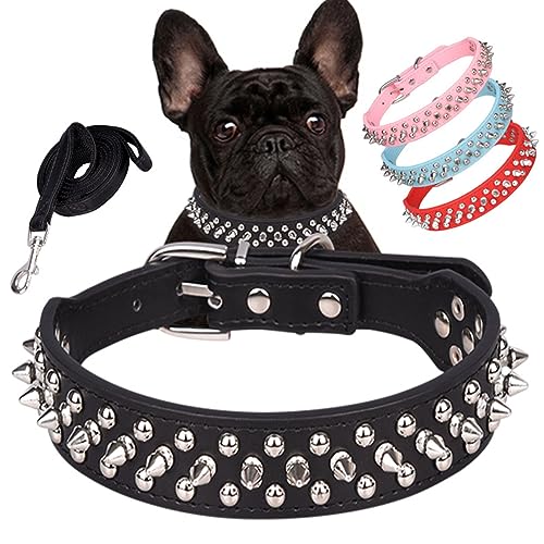 Hundehalsband und Leine, mit Nieten, Halsband, Leder, Punk-Nieten, Welpenhalsband, Nieten, langlebig, verstellbar, für kleine, mittelgroße und große Hunde, Rot, Größe M von Hotlion