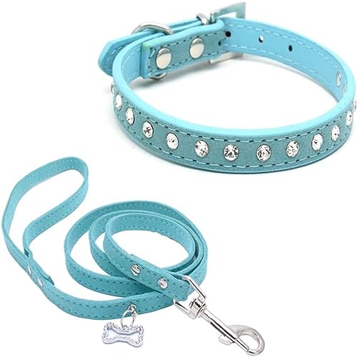 Hundehalsband und Leine mit Strasssteinen, niedliches Kristalldiamant-Katzenhalsband, weiches Leder, verstellbar, für kleine und mittelgroße Hunde, Blau, Größe XS von Hotlion