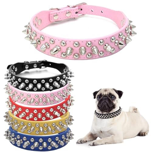 Hundehalsband, Nieten, Leder, Nieten, Welpenhalsband, Spike, verstellbar, für kleine, mittelgroße und große Hunde, Rosa, Größe M von Hotlion