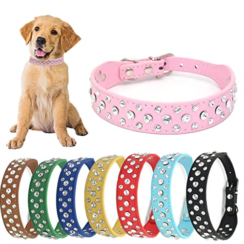 Strass-Hundehalsband, verstellbar, langlebig, PU-Leder, Kristall, Haustierhalsband, Diamant-Bling-Katzenhalsband, für kleine, mittelgroße und große Hunde, Rosa XS von Hotlion