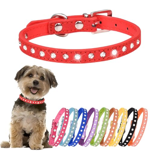 Hotlion Strass-Hundehalsband, niedliches Kristalldiamant-Katzenhalsband, weiches Leder, Kätzchen, Welpenhalsbänder, verstellbar, für kleine mittelgroße Hunde, Rot, XS von Hotlion