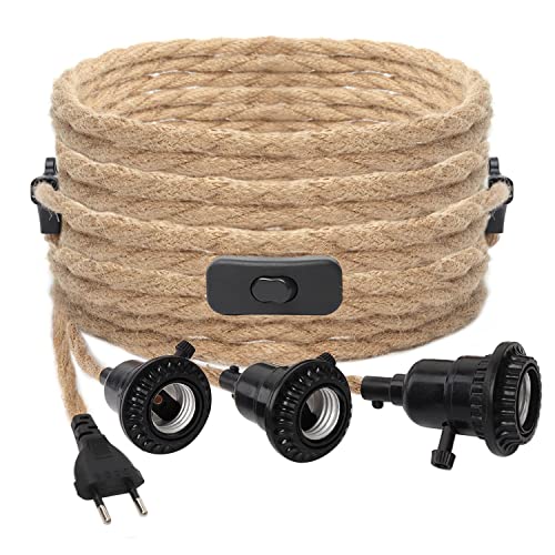 3 Paar E27 Lampenfassung Pendelleuchte mit Stecker, 6,5m Lampenkabel Hanfseil Textilkabel mit Schalter Schraubring Lampensockel für DIY Stehleuchten Vintage Hängeleuchte Hängelampe Kronleuchter von Hotloop