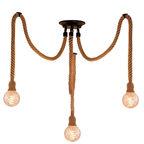 Hotloop Hanfseil Retro-Industrie Pendelleuchte Handgefertigten Lampenkabel mit 3 Lichter, E27 Deckenlampe Holz Aufhängung Vintage Deckenleuchte Landhausstil für Edison-Leuchte Restaurant Esstisch von Hotloop