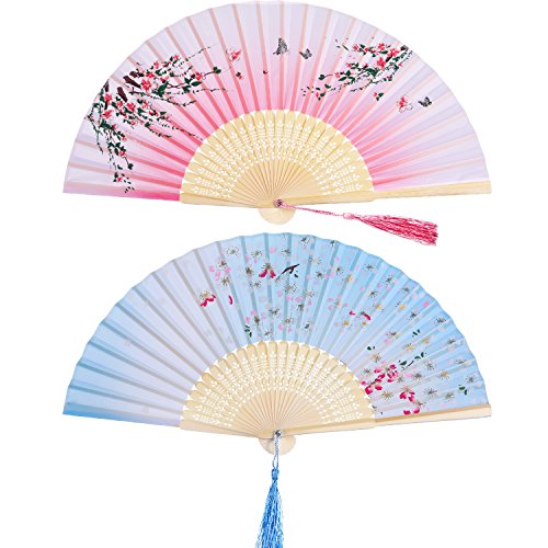 2 Stücke Folding Fans Hand Fans Bambus Fans mit Quaste Frauen Ausgehöhlten Bambus Hand Halten Fans für Wanddekoration, Geschenke (Rosa Pfirsichblüte und Blau Cherry Patter) von Hotop