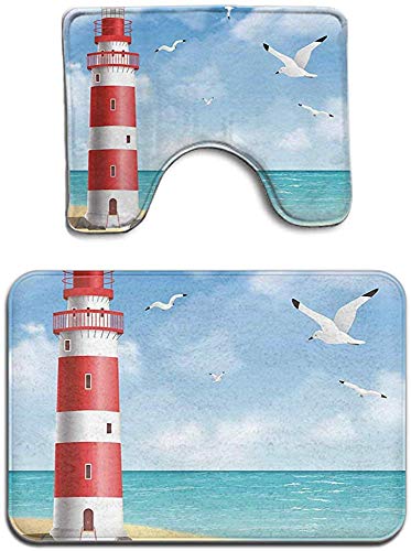 Hotyle 2 Stück Badematte Teppich Strand Leuchtturm Flying Seagulls Ocean Badezimmer Mat Set Podest Teppich rutschfeste Fußmatte von Hotyle