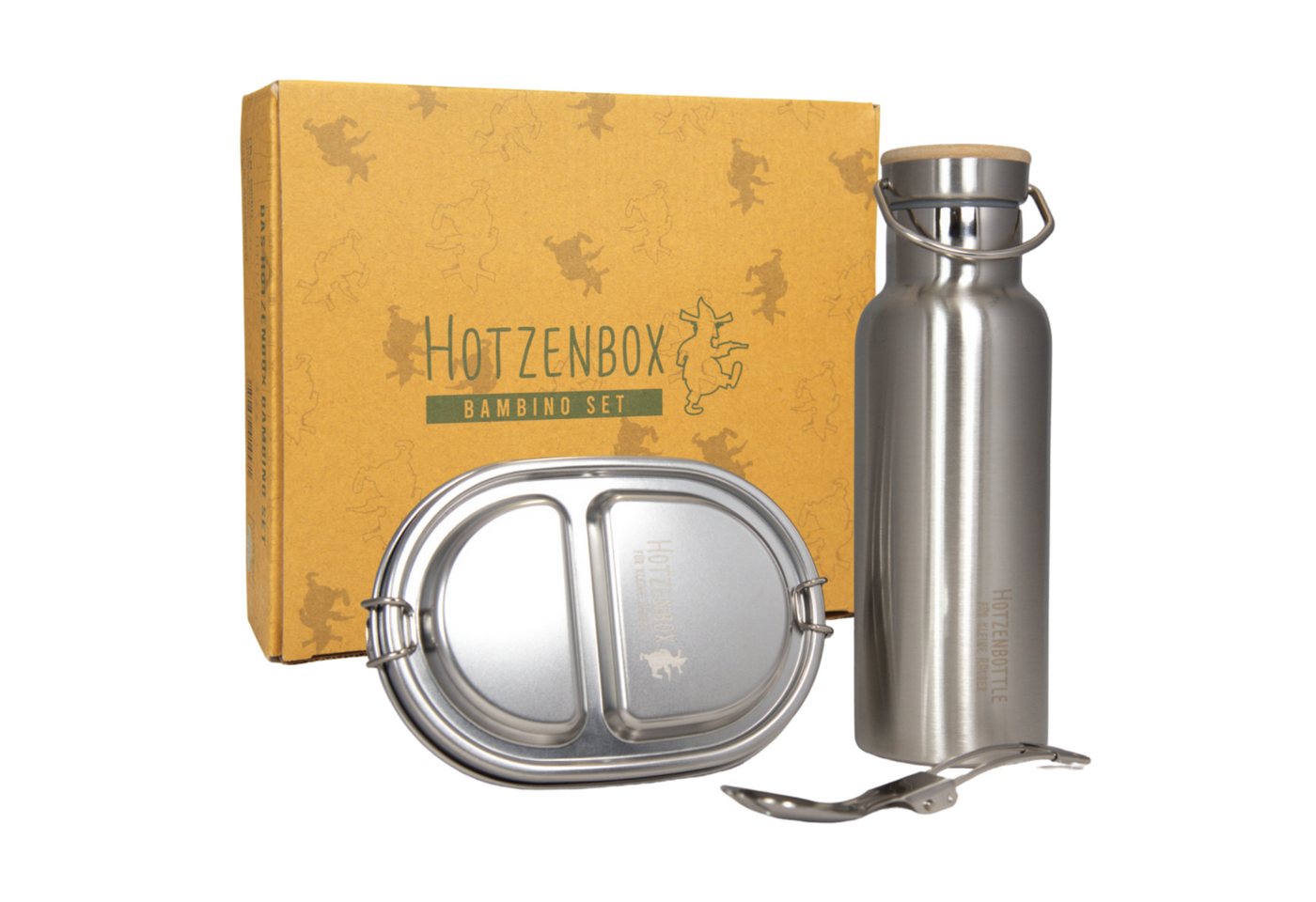 Hotzenbox Lunchbox Bambino Brotdosen Set mit Thermosflasche Edelstahl, Premium, Mini 500ml, Trenner, Auslaufsicher 2 Fächer/plastikfrei nachhaltig, Hotzenbottle, Lunchbox Brotbox Vesperdose Pausenbrot Brotzeitbox von Hotzenbox