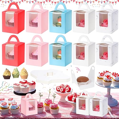 25 Stück tragbare Cupcake-Boxen, einzelne Cupcake-Boxen mit Fenster, mit Einsatz und Griffen und Sichtfenster aus PVC, für Hochzeit und Geburtstagsfeier (5 Farben) von HoufuJC