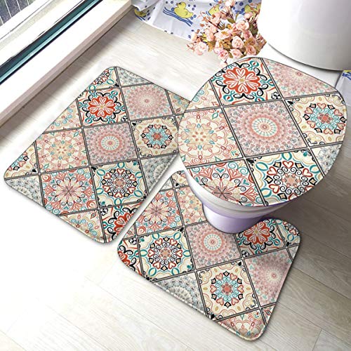 Houity 3-teiliges Badezimmermatten-Set, orientalisch, Mandala, Boho-Chic-Stil, Badezimmerteppich-Set, 3-teilig, Anti-Rutsch-Pads, Badematte + Kontur + WC-Deckelbezug von Houity