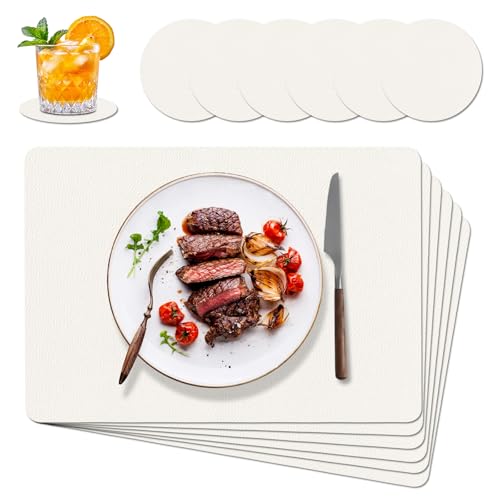 12PCS abwaschbare Tischsets & Untersetzer – Platzsets aus Kunstleder in Beige mit runden Ecken – Modernes Tischset 43×30 cm & Tassenuntersetzer 10×10 cm, leicht zu reinigen von Houkiper