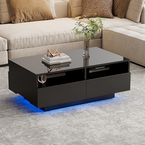 Houkiper Beistelltisch Wohnzimmer, Couchtisch Rechteckig Mit 4 Schubladen Modern Wohnzimmertisch Mit Stauraum, Couch Tisch Wohnzimmer Mit 16 Farben LED Lichter Für Wohnzimmer Schlafzimmer von Houkiper
