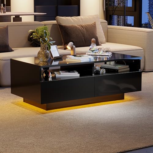 Houkiper Beistelltisch Wohnzimmer, Modern Couchtisch Rechteckig mit 2 Schubladen Wohnzimmertisch mit Stauraum, Couch Tisch Wohnzimmer mit 16 Farben LED Lichter für Schlafzimmer von Houkiper