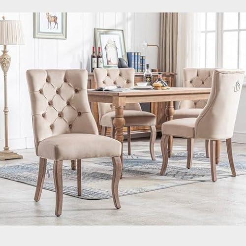 Houkiper Esszimmerstühle 4er Set Beige – Samtstuhl mit hoher Rückenlehne & Knopfsteppung, Massivholzbeine, ergonomisch & modern, gepolstert für Wohnzimmer & Küche von Houkiper
