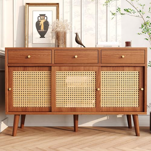 Houkiper Sideboard, 120 * 40 * 78cm Kommode mit 3 Schubladen und 3 Schiebetüren Komode Rattangeflecht auf Den Türfronten, Aufbewahrungsschrank mit Verstellbare Ablagen für Wohnzimmer Esszimmer Küche von Houkiper